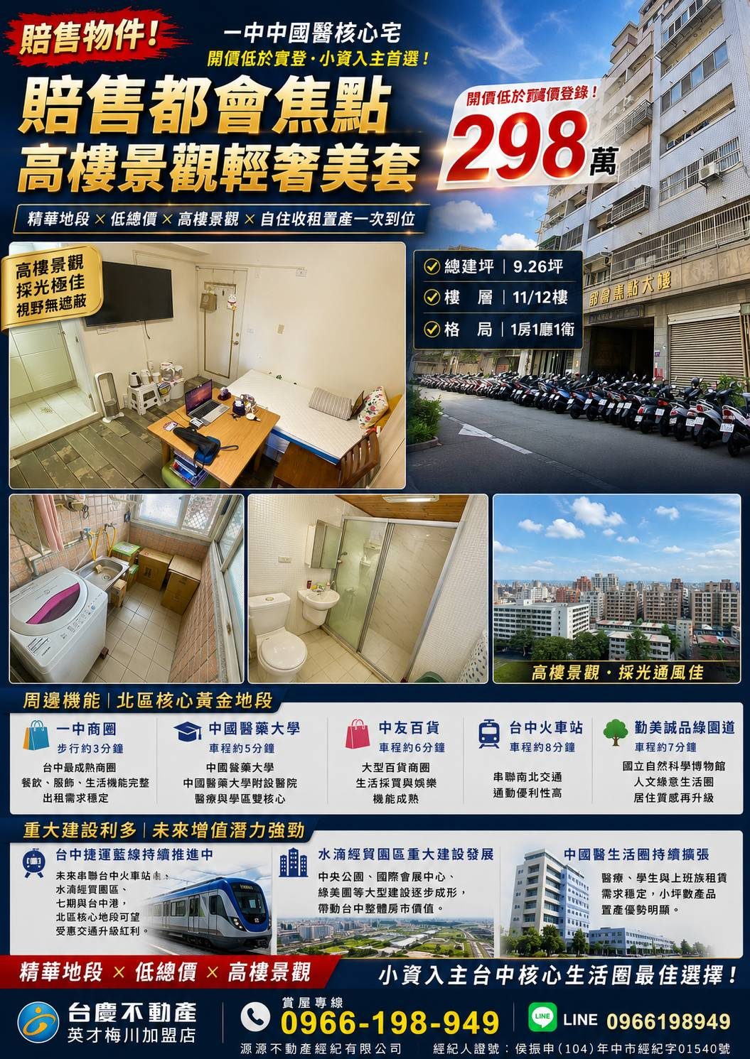 賠售⟡高樓景觀美套｜中國醫收租小資置產宅⟡